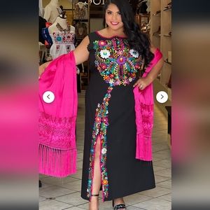 Plus Size! Hand embroidered mexican bohemian style dress, hand embroidered maxi